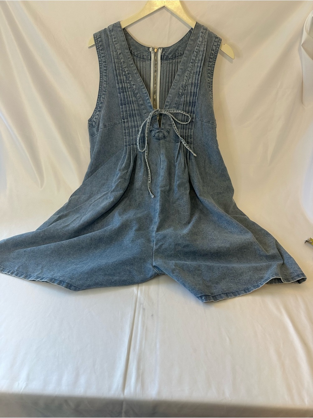 Sleeveless Light Blue Denim Romper with Front Tie